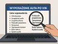Lista wyposażenia auta po VIN na ekranie laptopa. Lupa powiększa "Poduszki powietrzne", "Tempomat", "Ogrzewanie". Vin decoder VW pomoże sprawdzić te elementy.