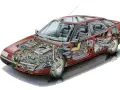 Przekrój Citroen C5 z widocznym silnikiem, wnętrzem i elementami zawieszenia. Schemat pomocny jako instrukcja.