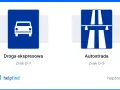 Dwa znaki drogowe: po lewej biały samochód na niebieskim tle (droga ekspresowa), po prawej schemat autostrady (autostrada).