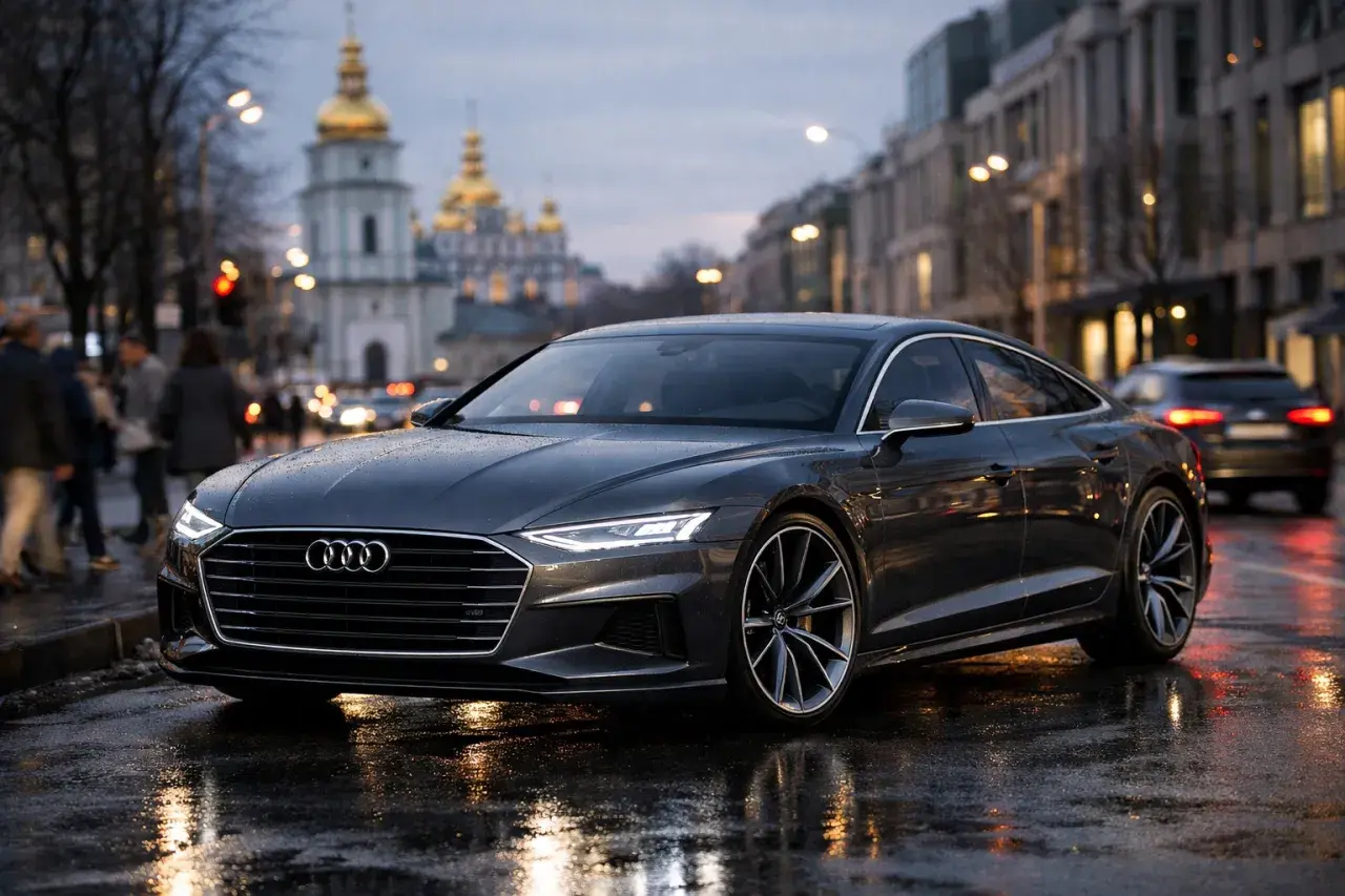 Elegancki Audi A9 na mokrej ulicy miasta, z odbiciami świateł i złotymi kopułami cerkwi w tle.