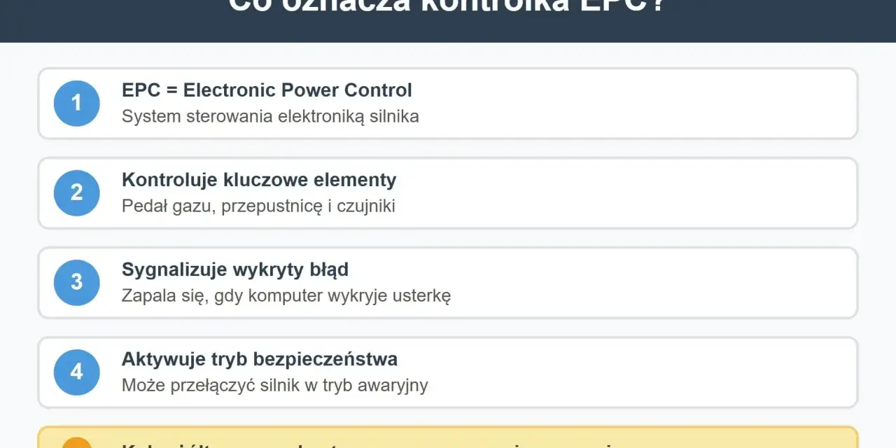 Kontrolka EPC w Oplu to system sterowania silnikiem. Informuje o błędach, może aktywować tryb awaryjny. Żółty kolor oznacza potrzebę uwagi.