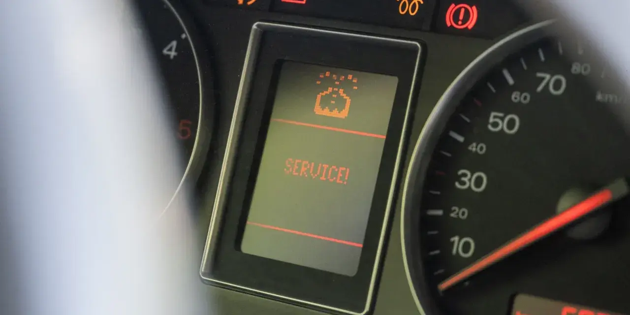 Na desce rozdzielczej Audi A3 8P świeci się kontrolka "SERVICE!", sygnalizując potrzebę przeglądu.