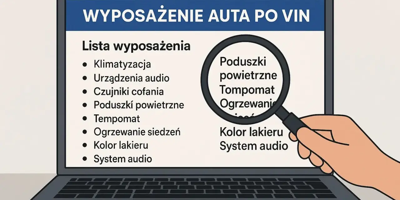 Lista wyposażenia auta po VIN na ekranie laptopa. Lupa powiększa "Poduszki powietrzne", "Tempomat", "Ogrzewanie". Vin decoder VW pomoże sprawdzić te elementy.