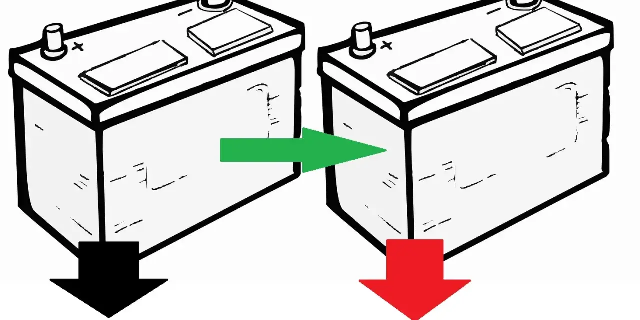 Dwa akumulatory, jeden z zieloną strzałką wskazującą na drugi. Czarna strzałka w dół pod pierwszym, czerwona pod drugim. Akumulator AGM w akcji.