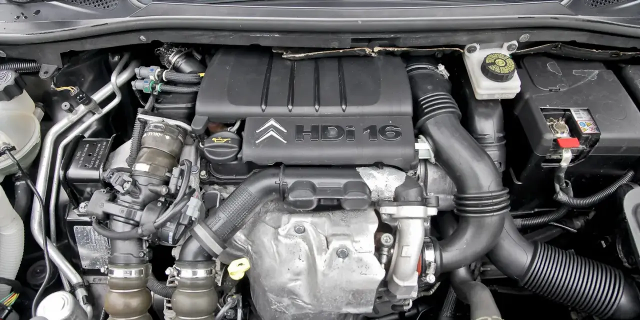 Silnik Citroen C4 1.6 HDI. Zawór EGR znajduje się pod osłoną silnika, po lewej stronie, blisko turbosprężarki.