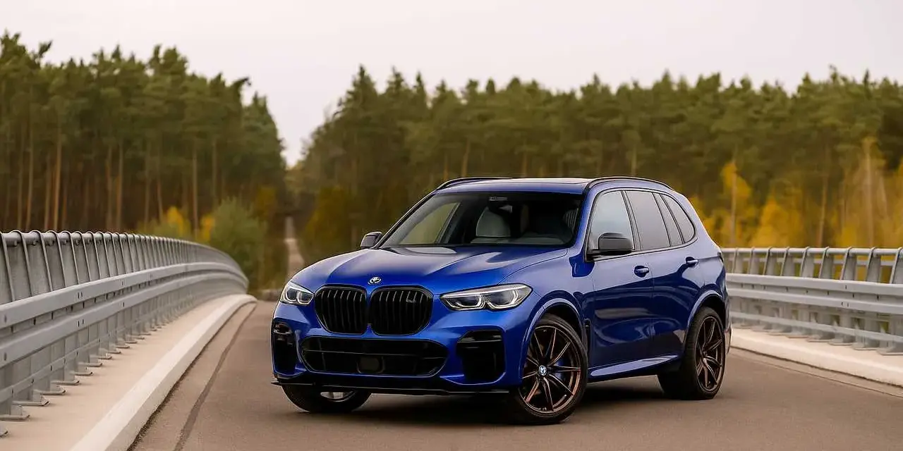 Niebieskie BMW X5 na moście, otoczone jesiennym lasem. Idealne do rozkodowanie vin bmw.