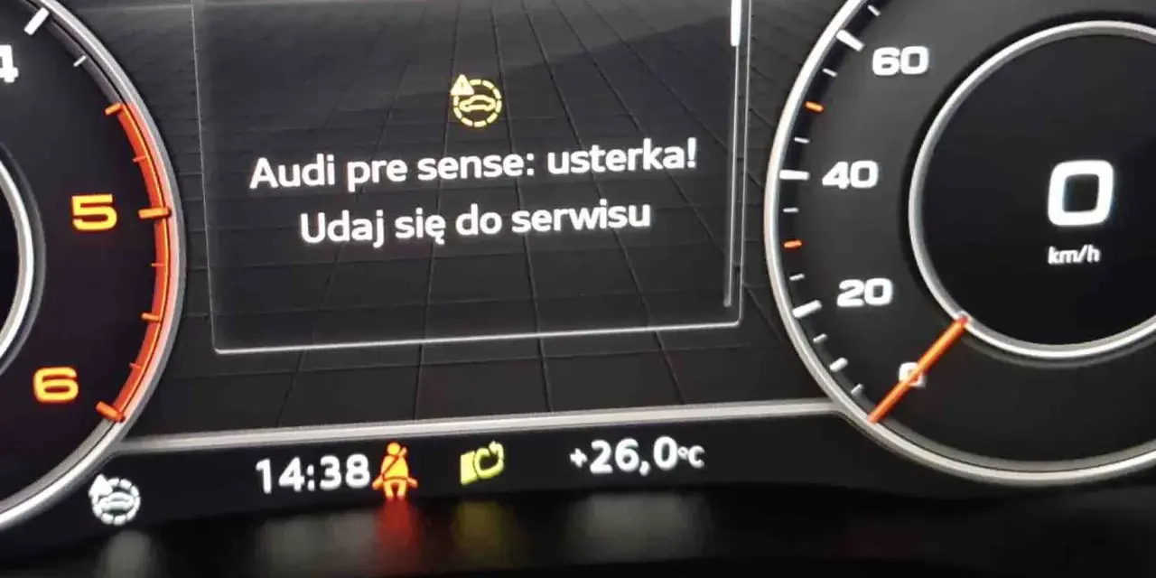 Na desce rozdzielczej Audi komunikat "Audi pre sense: usterka! Udaj się do serwisu" informuje o awarii systemu.