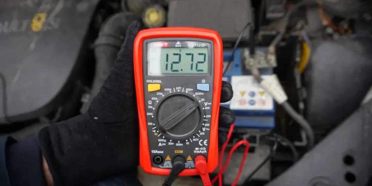 Multimetr pokazuje 12.72V, co sugeruje, że akumulator nie trzyma napięcia. Czas na wymianę.