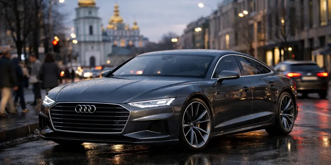 Elegancki Audi A9 na mokrej ulicy miasta, z odbiciami świateł i złotymi kopułami cerkwi w tle.