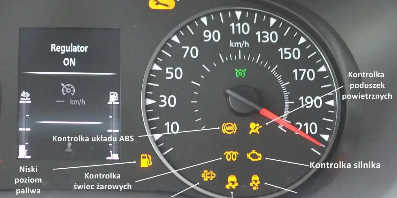 Kontrolki na desce rozdzielczej: AFS co to? Widać m.in. kontrolkę silnika, ABS, poduszek powietrznych, niskiego poziomu paliwa i odwieź serwis.