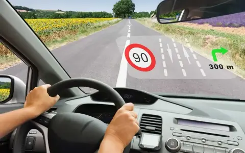 Widok z kabiny samochodu z wyświetlaczem typu head-up pokazującym ograniczenie prędkości 90 i wskazówkę skrętu w prawo za 300 m.