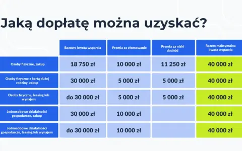 Tabela pokazuje, jaką dopłatę do samochodu elektrycznego można uzyskać. Maksymalne wsparcie to 40 000 zł.