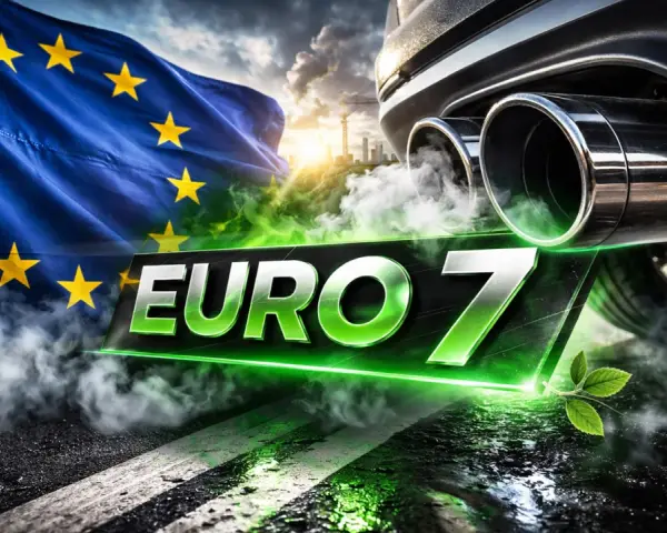 Flaga UE i dym z rury wydechowej samochodu symbolizują nowe normy emisji spalin **euro 7**.