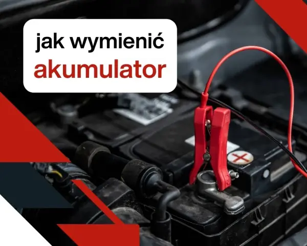 Czerwone kable z zaciskami podłączone do akumulatora samochodowego. Tekst: "jak wymienić akumulator".