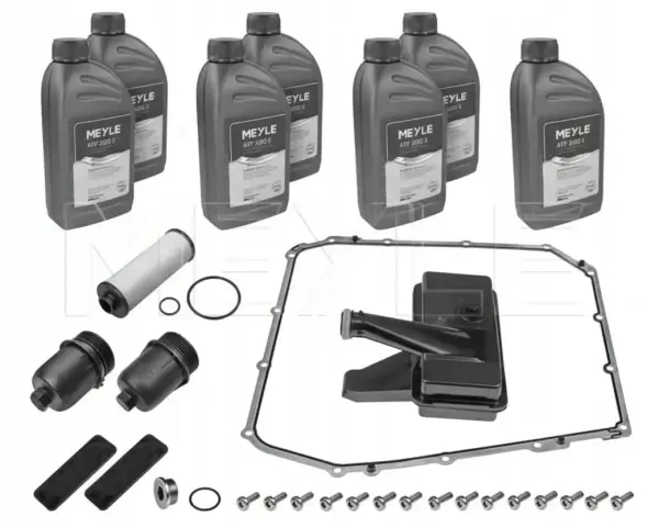 Zestaw do audi a4 b8 wymiana oleju w skrzyni manualnej: 4 butelki oleju MEYLE ATF SGO S, filtr, uszczelka miski olejowej, sitko, śruby.