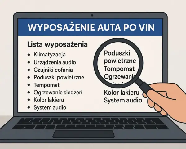 Lista wyposażenia auta po VIN na ekranie laptopa. Lupa powiększa "Poduszki powietrzne", "Tempomat", "Ogrzewanie". Vin decoder VW pomoże sprawdzić te elementy.