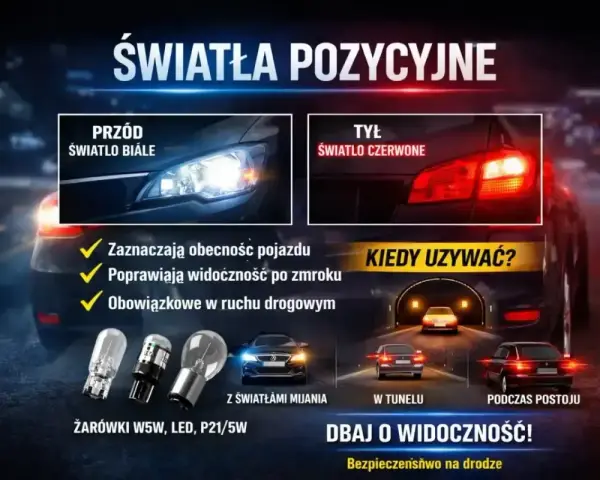 Światła postojowe i pozycyjne: białe z przodu, czerwone z tyłu. Używaj ich w tunelu i podczas postoju. Dbaj o widoczność!