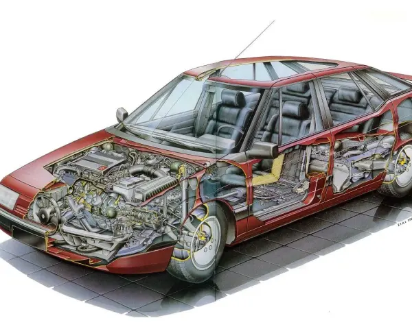 Przekrój Citroen C5 z widocznym silnikiem, wnętrzem i elementami zawieszenia. Schemat pomocny jako instrukcja.
