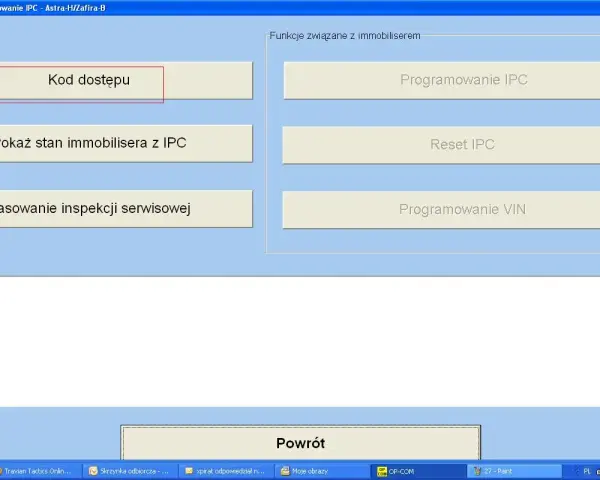 Program OP-COM do Opla, opcje: kod dostępu, kasowanie błędów kluczykiem, programowanie IPC, reset IPC, programowanie VIN.