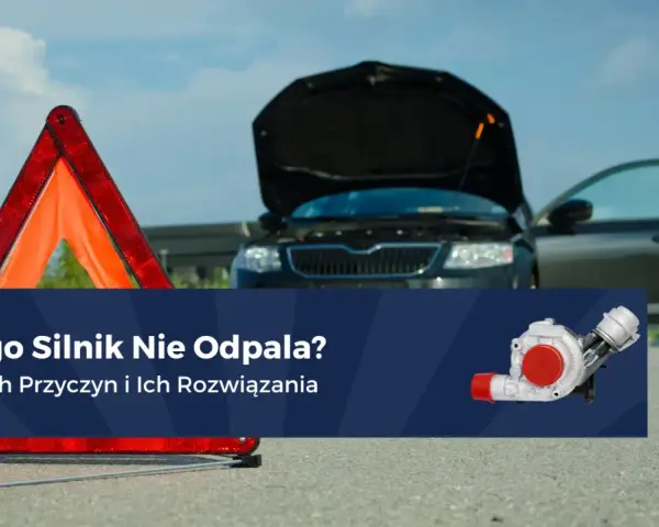 Awaryjny trójkąt i otwarty bagażnik czarnego auta sugerują problem z odpalaniem na ciepłym silniku benzyna.
