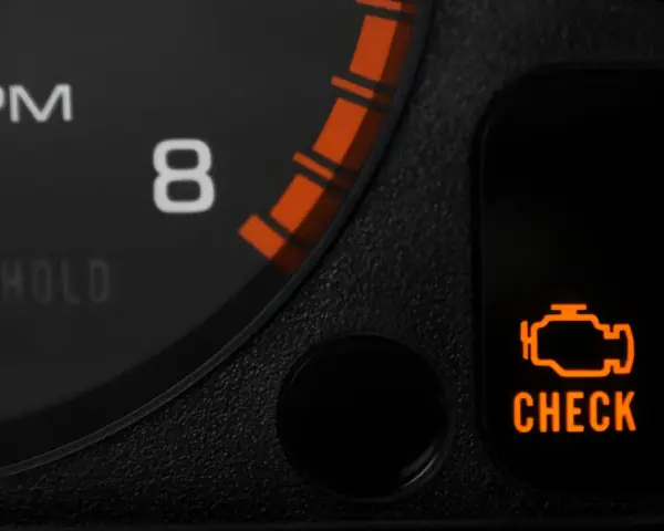 Pomarańczowa kontrolka "CHECK ENGINE" świeci się na desce rozdzielczej. To sygnał, że silnik wymaga uwagi, może to być związane z wymianą oleju lub inną usterką.
