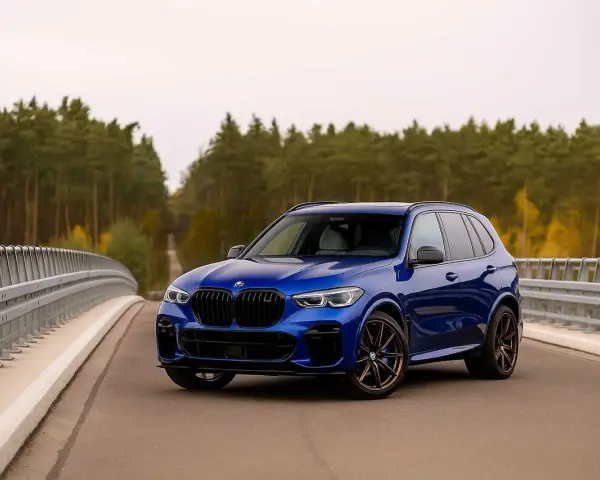 Niebieskie BMW X5 na moście, otoczone jesiennym lasem. Idealne do rozkodowanie vin bmw.