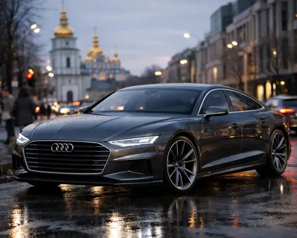 Elegancki Audi A9 na mokrej ulicy miasta, z odbiciami świateł i złotymi kopułami cerkwi w tle.