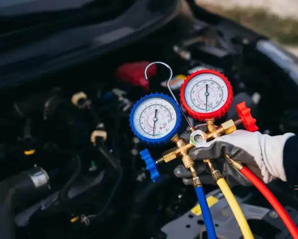Profesjonalny serwis klimatyzacji samochodowej. Mechanik z manometrami sprawdza układ chłodzenia silnika.