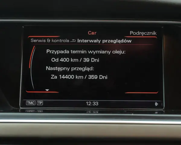Kasowanie serwisu Audi A4 B6: termin wymiany oleju za 400 km / 39 dni, następny przegląd za 14400 km / 359 dni.