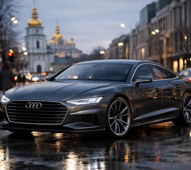 Elegancki Audi A9 na mokrej ulicy miasta, z odbiciami świateł i złotymi kopułami cerkwi w tle.