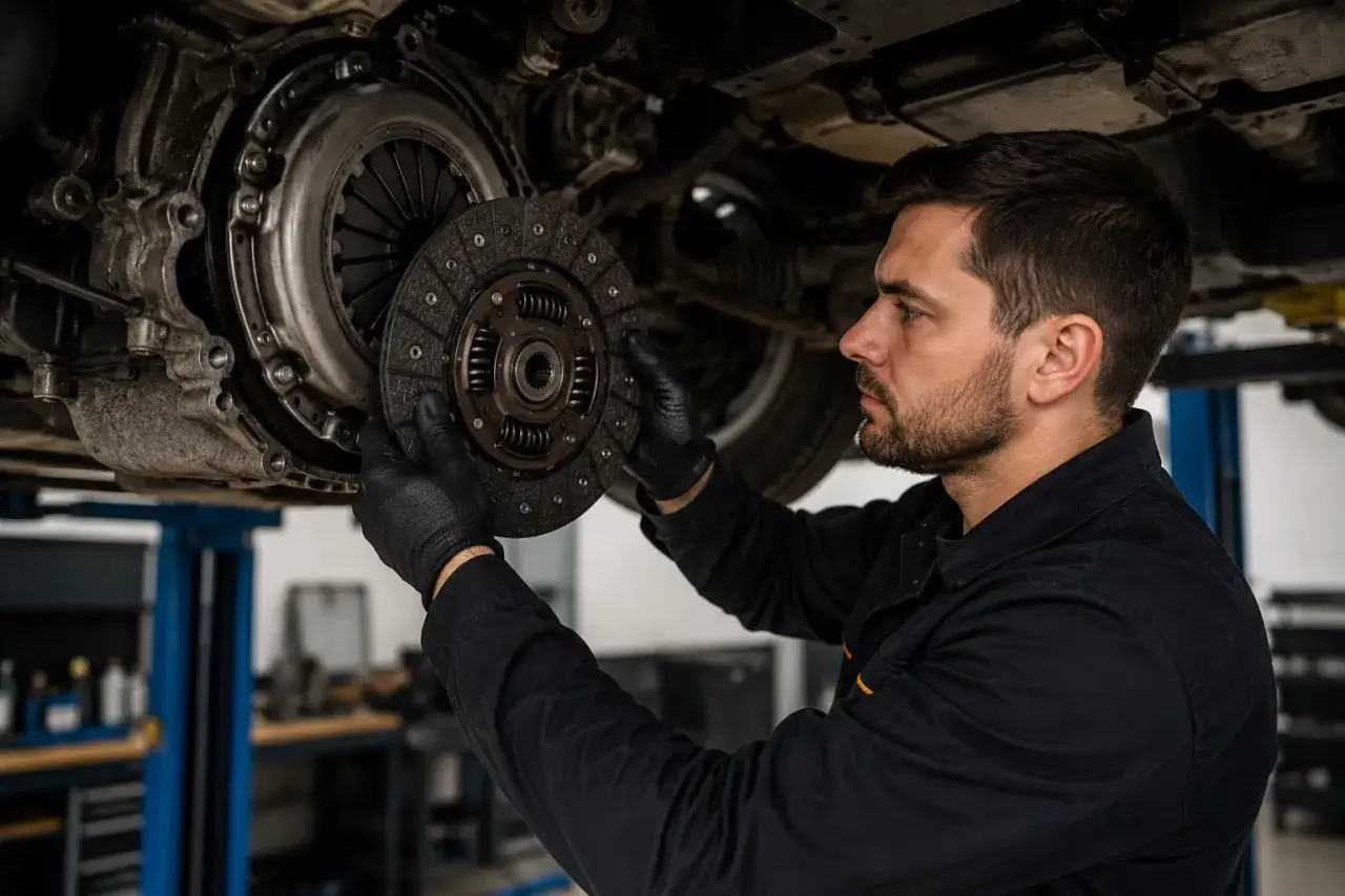 Mechanik w czarnej kurtce wymienia tarczę sprzęgła. To kluczowy etap w procesie wymiana sprzęgła krok po kroku.