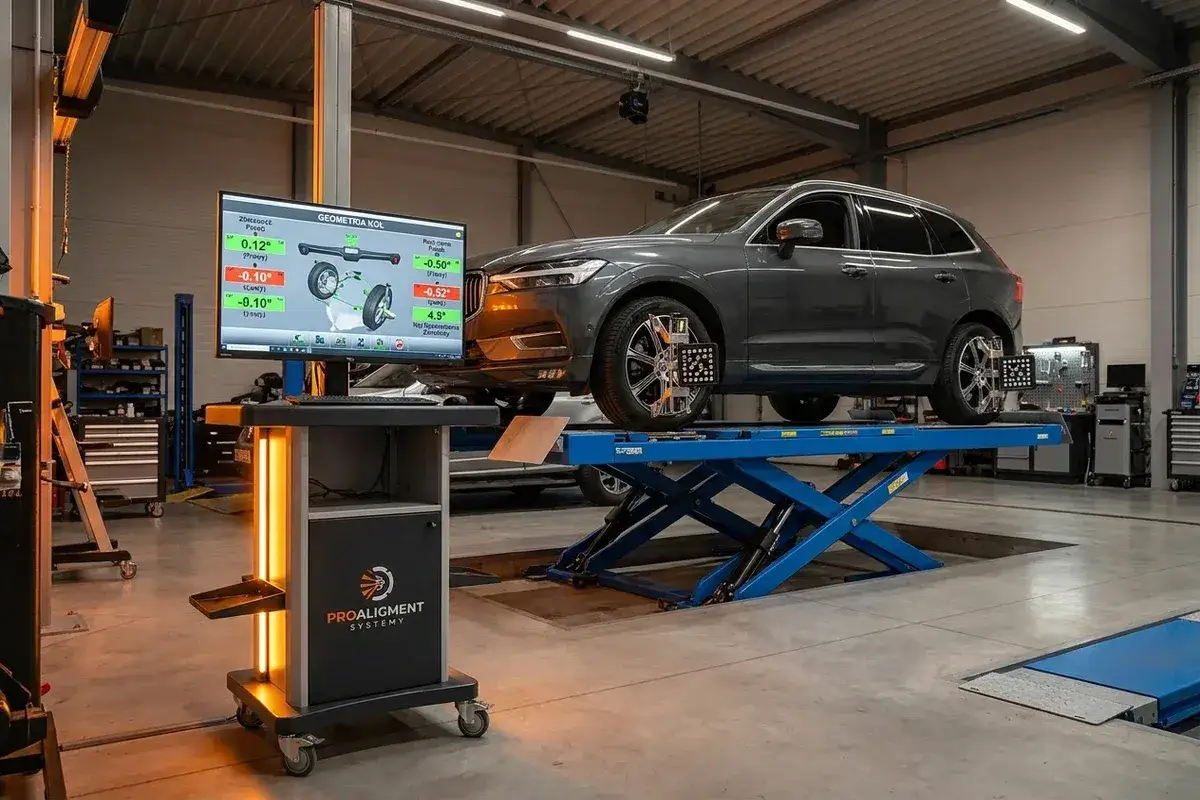 Precyzyjna geometria zawieszenia SUV-a na podnośniku, z wynikami pomiarów wyświetlanymi na monitorze.