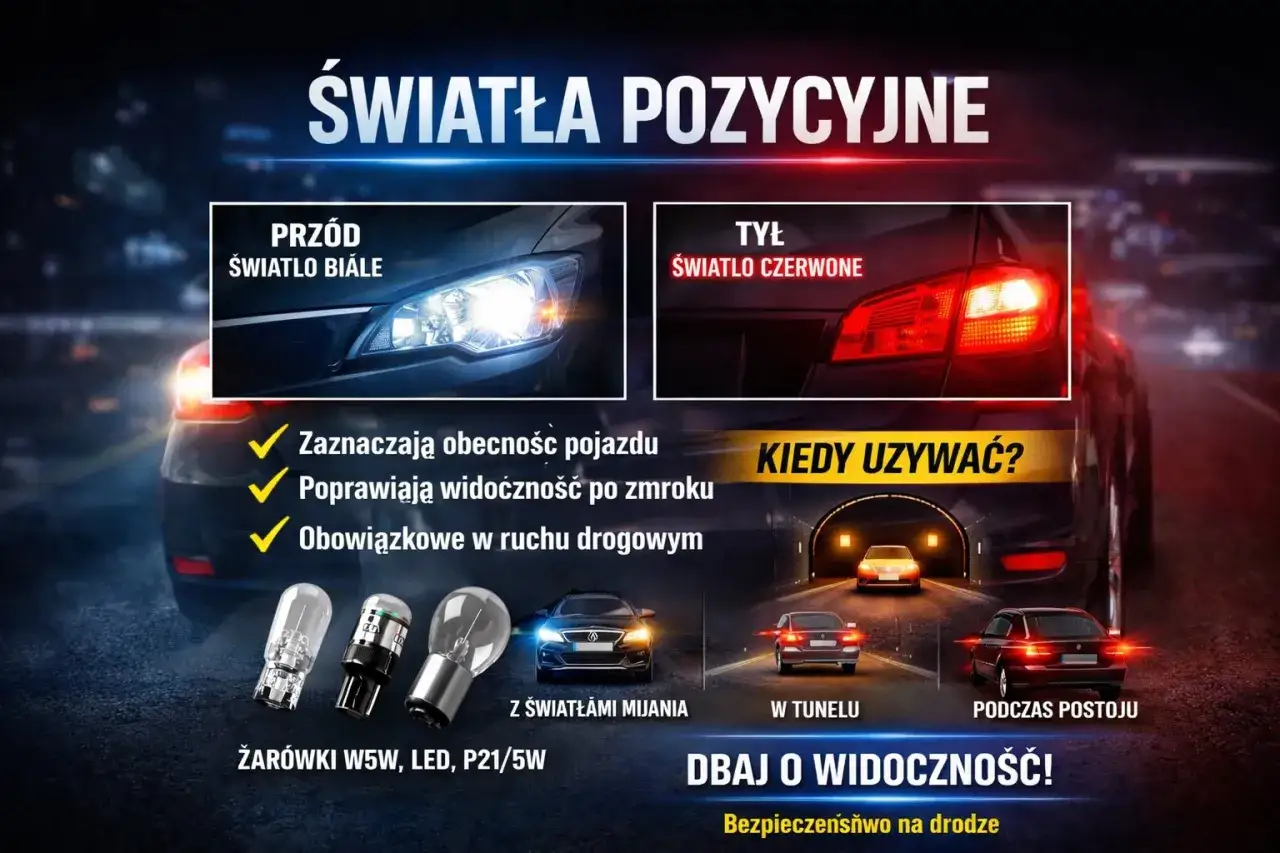 Światła postojowe a pozycyjne: białe z przodu, czerwone z tyłu. Zwiększają widoczność i bezpieczeństwo.