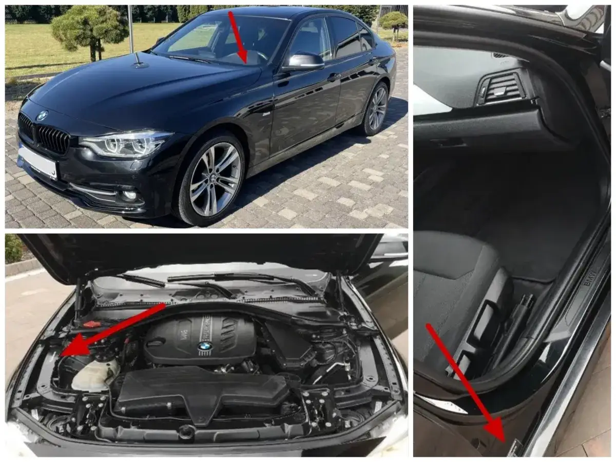 BMW z czerwonymi strzałkami wskazującymi miejsca ukrycia numeru VIN. Ułatwia to rozkodowanie VIN BMW.