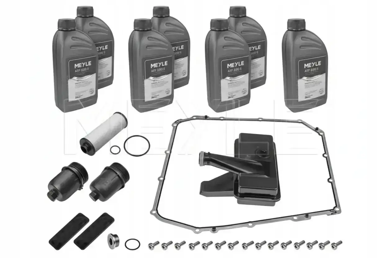 Zestaw do audi a4 b8 wymiana oleju w skrzyni manualnej: 4 butelki oleju MEYLE, filtr, uszczelka miski olejowej, sitko i śruby.