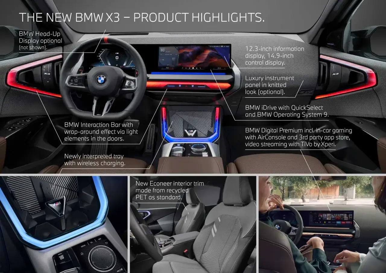 Wnętrze BMW X3 z BMW Live Cockpit Professional: cyfrowe ekrany, interaktywny pasek świetlny i luksusowe materiały.