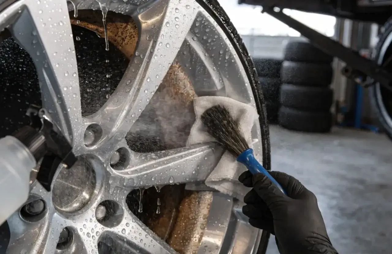 Czyszczenie felg z utlenionego aluminium. Rękawiczka z mikrofibry i pędzel usuwają brud, przywracając blask.