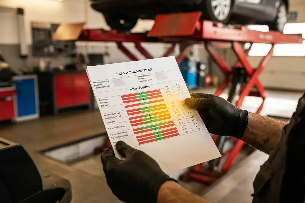 Mechanik w czarnych rękawiczkach analizuje raport z geometrii kół. Na dokumencie widoczne są wyniki pomiarów kątów pochylenia i zbieżności.