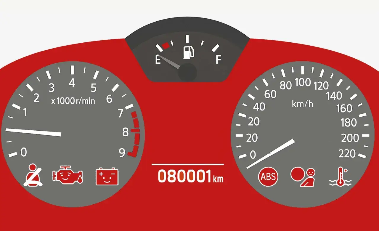 Deska rozdzielcza z kontrolkami: pasy, silnik, akumulator, ABS, pasażer, temperatura. Przebieg 80001 km. System ESC nieaktywny.