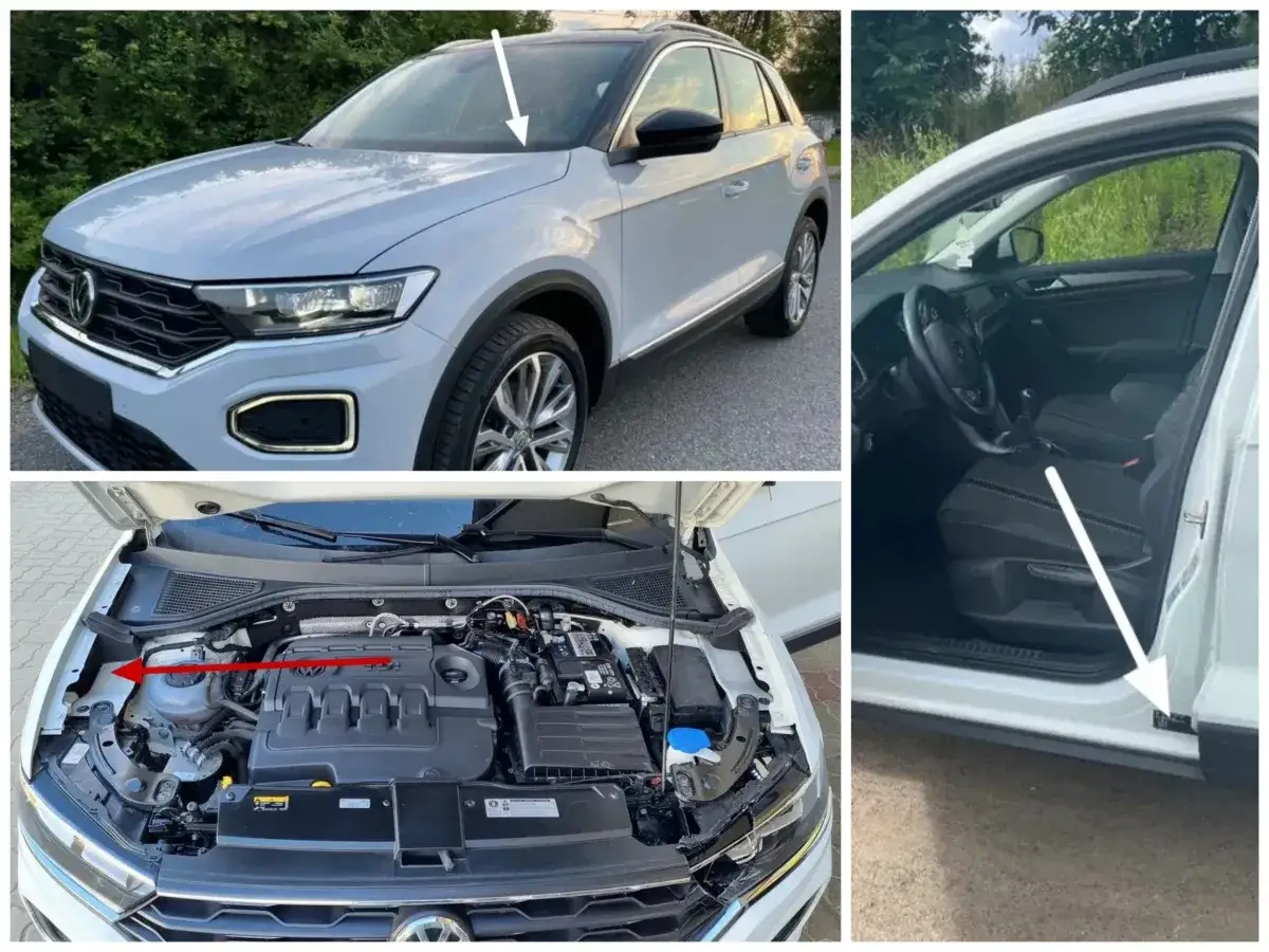 Biały Volkswagen T-Roc. Strzałki wskazują lokalizację numeru VIN, przydatnego do vin decoder vw. Widok silnika i wnętrza.