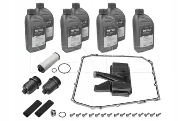 Zestaw do audi a4 b8 wymiana oleju w skrzyni manualnej: 4 butelki oleju MEYLE ATF SGO S, filtr, uszczelka miski olejowej, sitko, śruby.