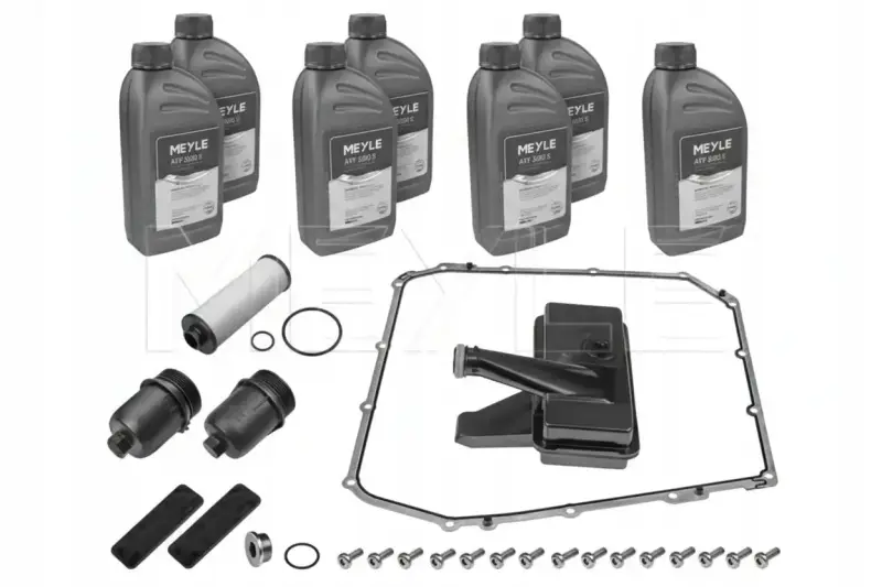 Zestaw do audi a4 b8 wymiana oleju w skrzyni manualnej: 4 butelki oleju MEYLE ATF SGO S, filtr, uszczelka miski olejowej, sitko, śruby.