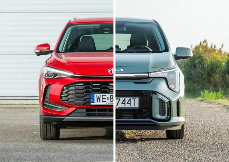 Dwa nowe samochody z silnikiem wolnossącym: czerwony MG i zielony Kia.