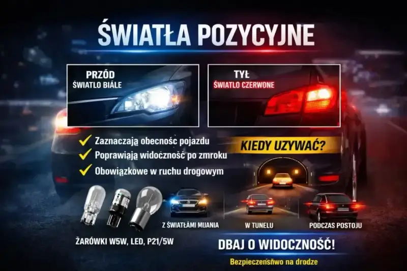 Światła postojowe i pozycyjne: białe z przodu, czerwone z tyłu. Używaj ich w tunelu i podczas postoju. Dbaj o widoczność!